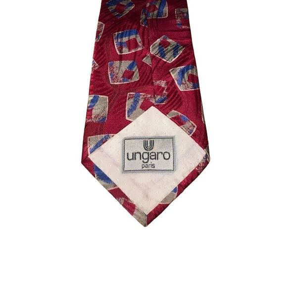 Ungaro Paris Crimson Red & Blue Geometric Handmade 100% Silk Neck Tie - Picture 4 of 6